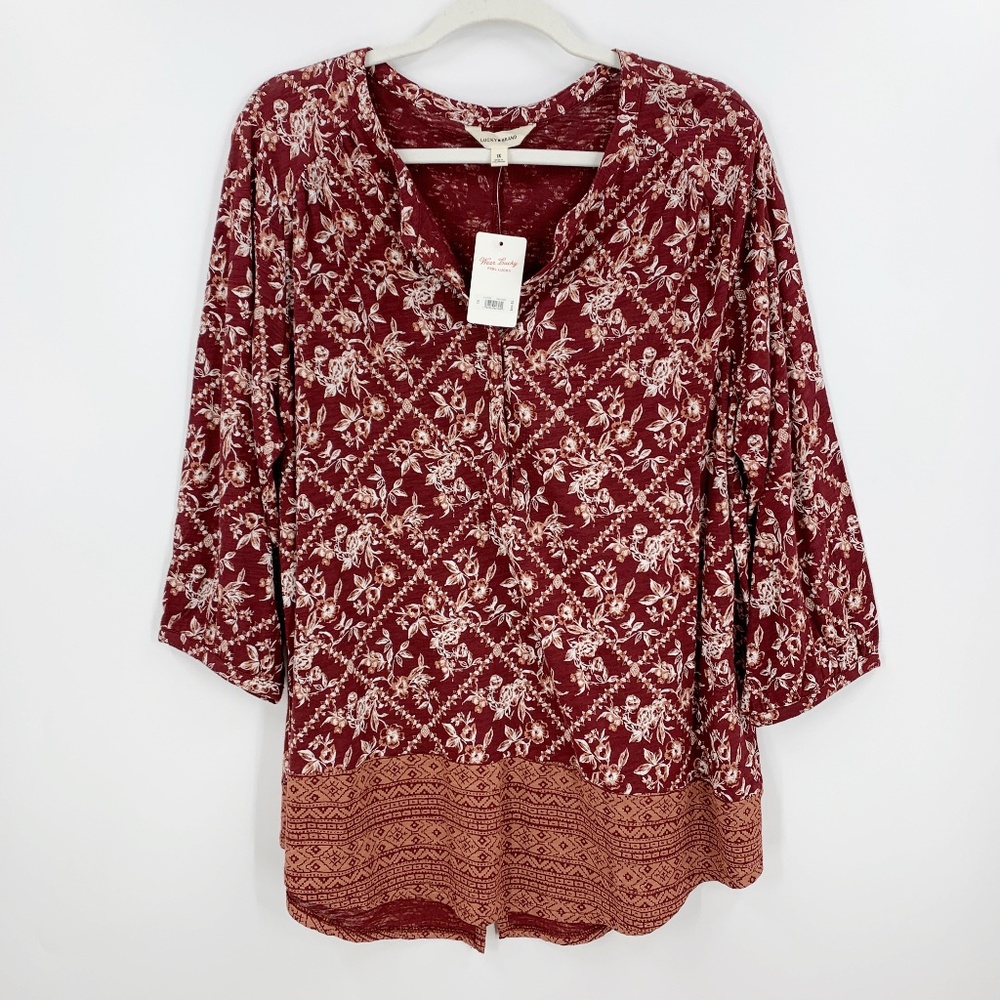 Lucky Brand Floral Border Print Boho Pop Over Top in Burgundy Sz 1X